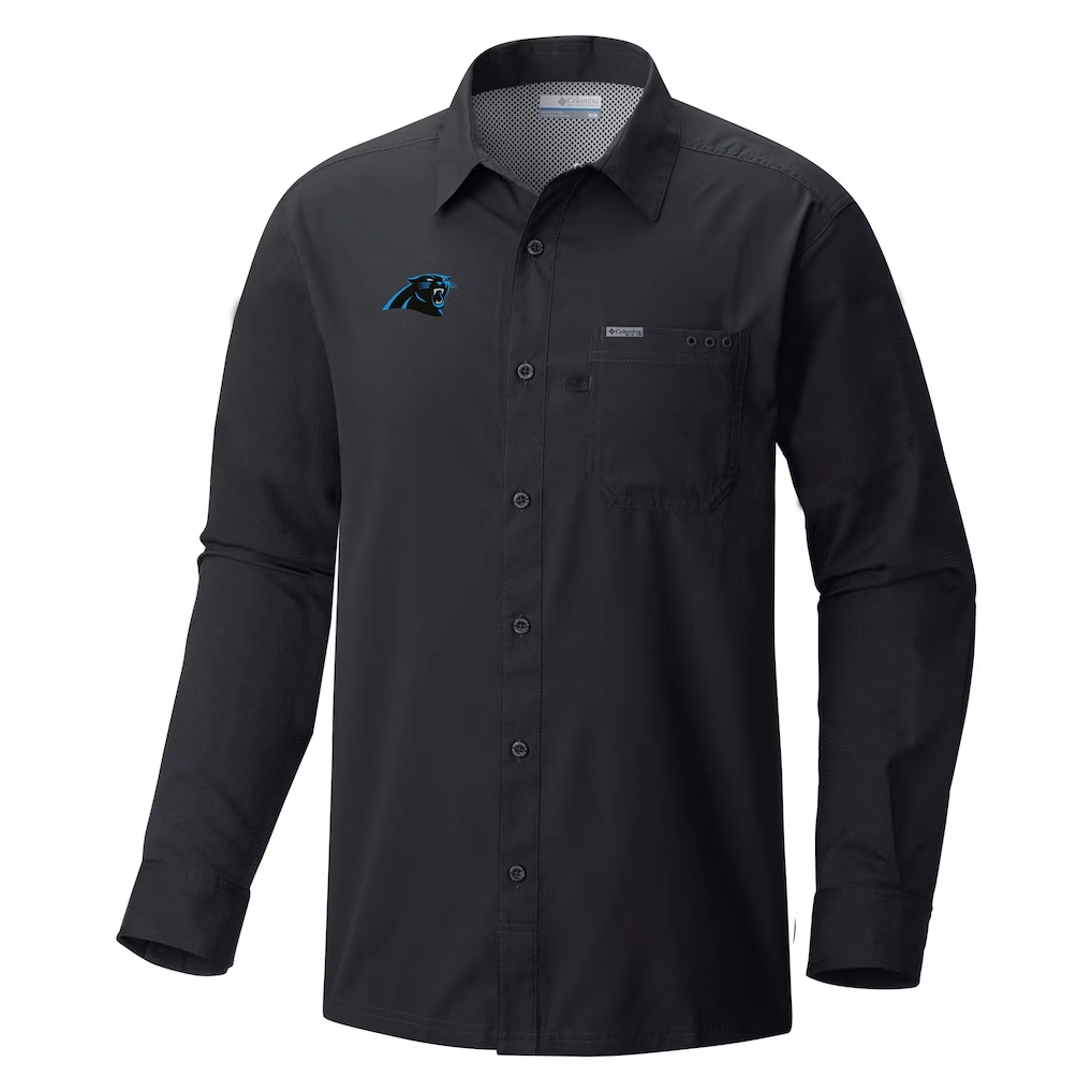 Men's Carolina Panthers Columbia Black Slack Tide Omni-Wick Long Sleeve Button-Up Shirt