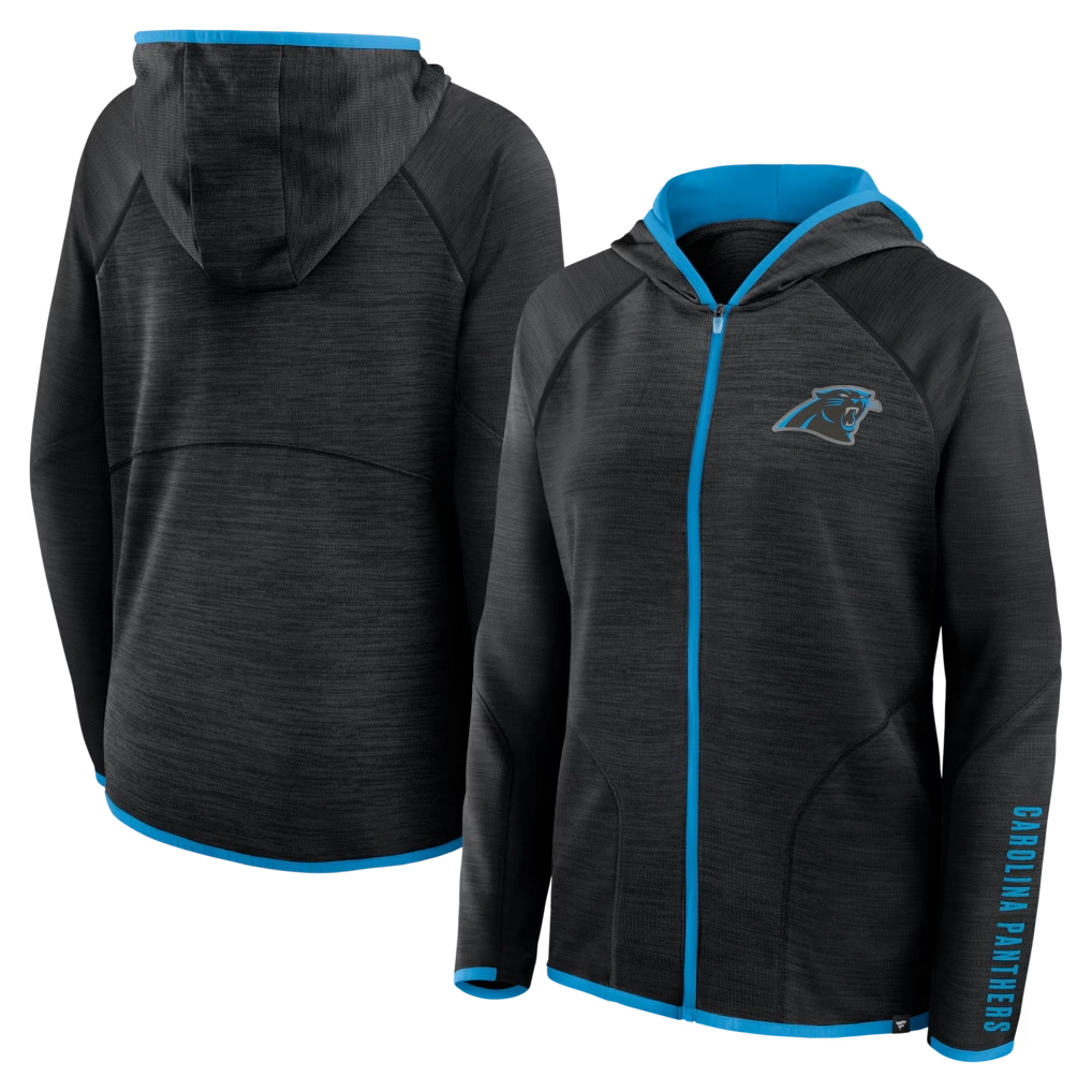 Women's Carolina Panthers Fanatics Black Redzone End Around Pass Raglan Full-Zip Hoodie