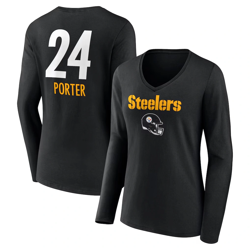 Women's Pittsburgh Steelers Joey Porter Jr. Black Team Wordmark Player Name & Number Long Sleeve V-Neck T-Shirt