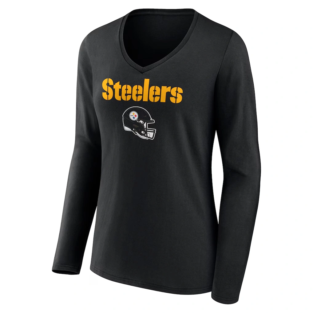 Women's Pittsburgh Steelers Joey Porter Jr. Black Team Wordmark Player Name & Number Long Sleeve V-Neck T-Shirt