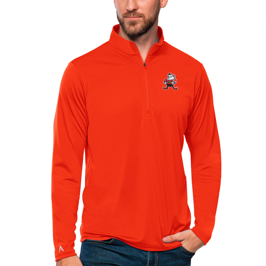 Men's Cleveland Browns Antigua Orange Tribute Quarter-Zip Lightweight Pullover Top