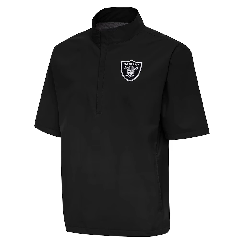 Men's Las Vegas Raiders Antigua Black Brisk Short Sleeve Quarter-Zip Windshirt
