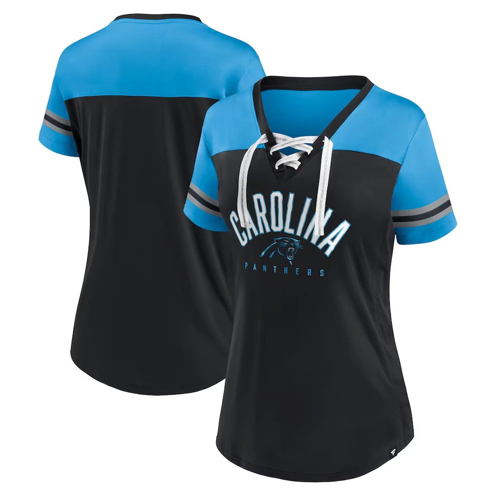 Women's Carolina Panthers Fanatics Black/Blue Blitz & Glam Lace-Up V-Neck Jersey T-Shirt