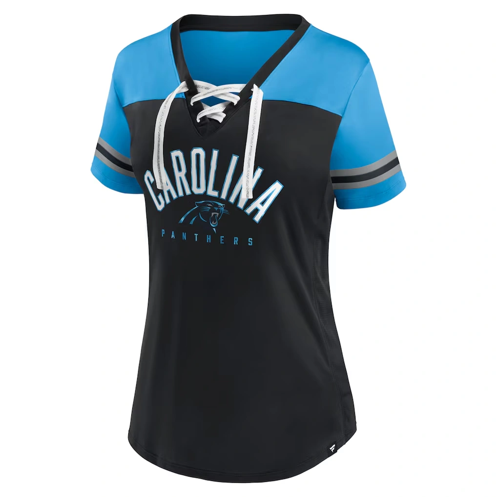 Women's Carolina Panthers Fanatics Black/Blue Blitz & Glam Lace-Up V-Neck Jersey T-Shirt