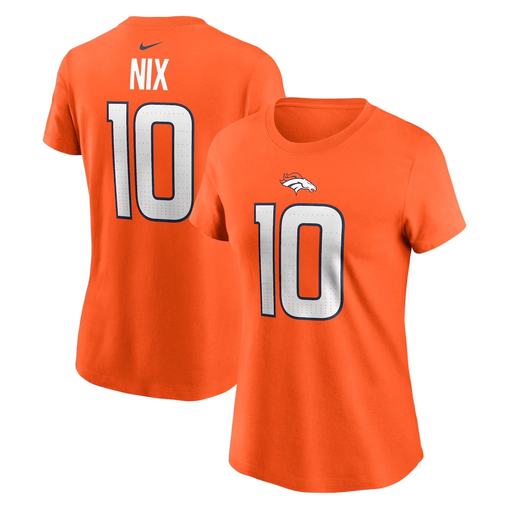 Women's Denver Broncos Bo Nix Nike Orange Name & Number T-Shirt