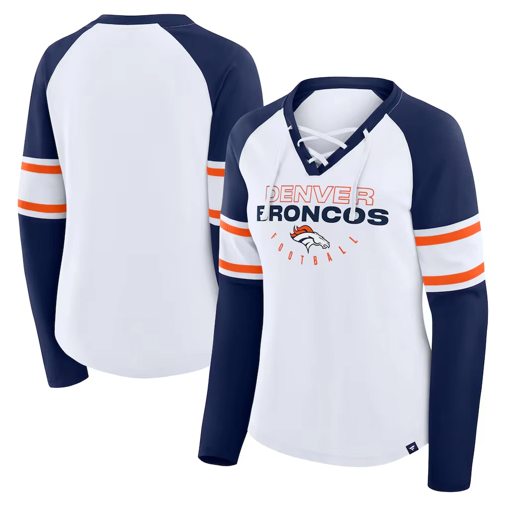 Women's Denver Broncos Fanatics White/Navy Redzone Blitz Package Raglan Lace-Up V-Neck Long Sleeve T-Shirt