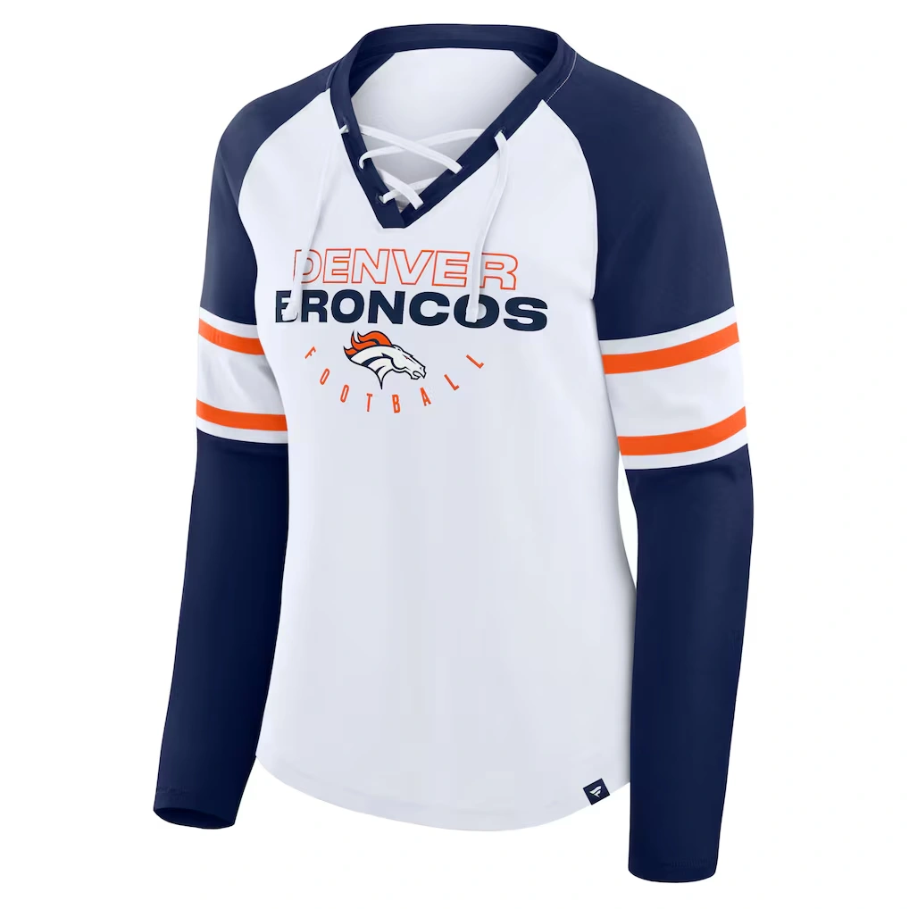 Women's Denver Broncos Fanatics White/Navy Redzone Blitz Package Raglan Lace-Up V-Neck Long Sleeve T-Shirt
