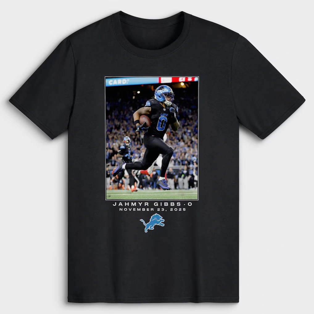 Men's Detroit Lions Jahmyr Gibbs Black NFL Flash Features Week 12 T-Shirt
