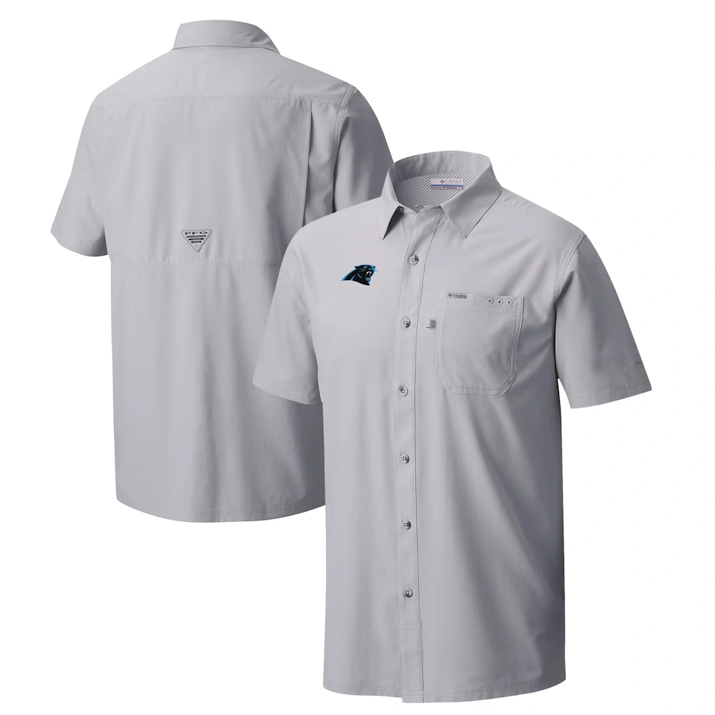 Men's Carolina Panthers Columbia Gray Slack Tide Omni-Wick Button-Up Camp Shirt