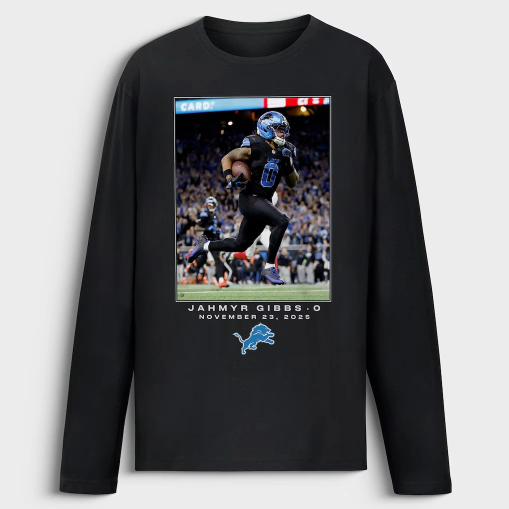 Men's Detroit Lions Jahmyr Gibbs Black NFL Flash Features Week 12 Long Sleeve T-Shirt