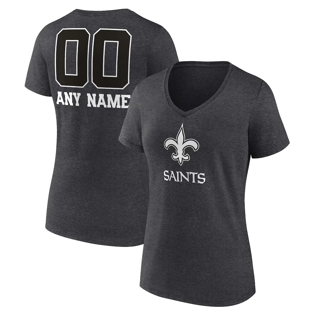 Women's New Orleans Saints Charcoal Personalized Name & Number Monochrome V-Neck Long Sleeve T-Shirt
