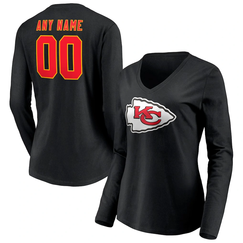 Women's Kansas City Chiefs Black Team Authentic Logo Personalized Name & Number V-Neck Long Sleeve T-Shirt