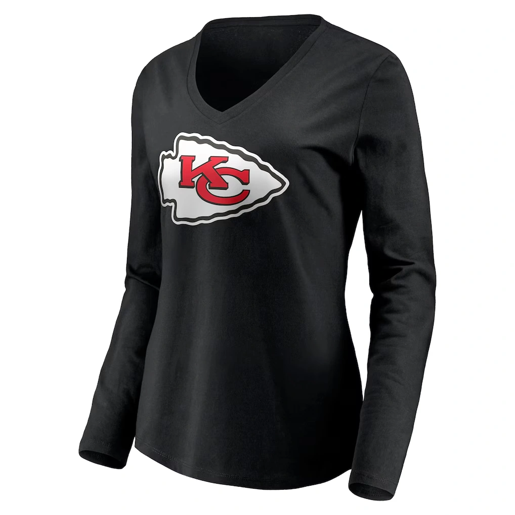 Women's Kansas City Chiefs Black Team Authentic Logo Personalized Name & Number V-Neck Long Sleeve T-Shirt