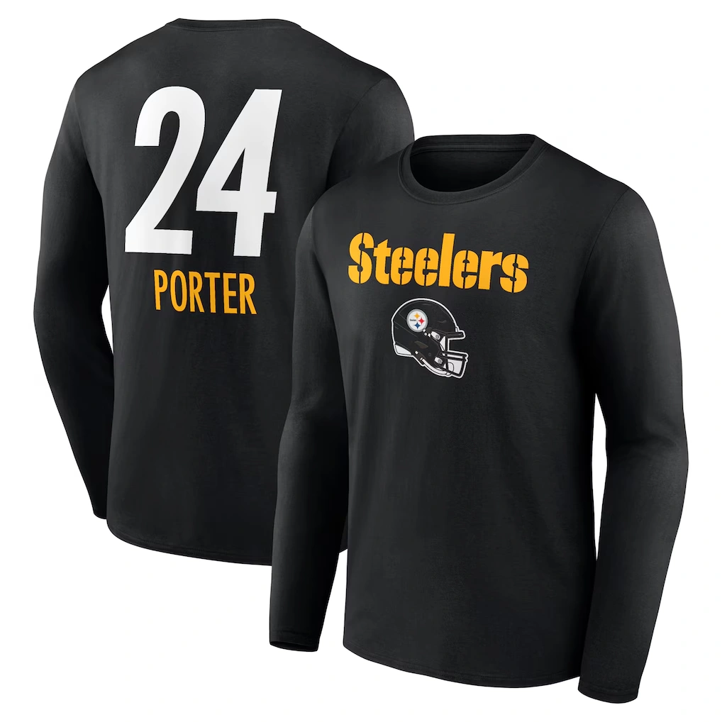 Men's Pittsburgh Steelers Joey Porter Jr. Black Team Wordmark Player Name & Number Long Sleeve T-Shirt