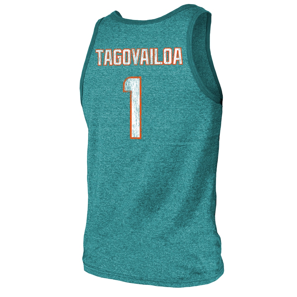 Men's Miami Dolphins Tua Tagovailoa Majestic Threads Aqua Name & Number Tri-Blend Tank Top