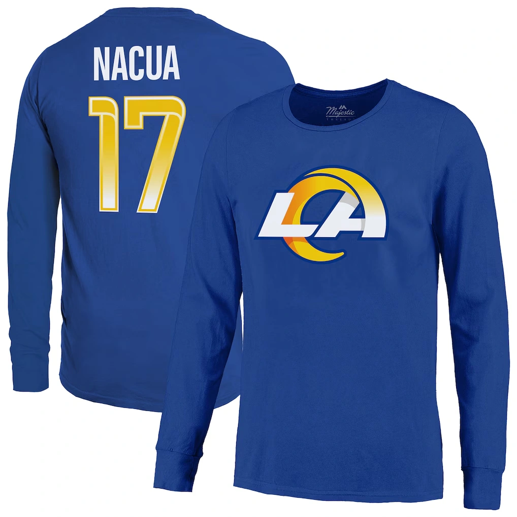 Men's Los Angeles Rams Puka Nacua Majestic Threads Royal Name & Number Non-Distressed Long Sleeve T-Shirt