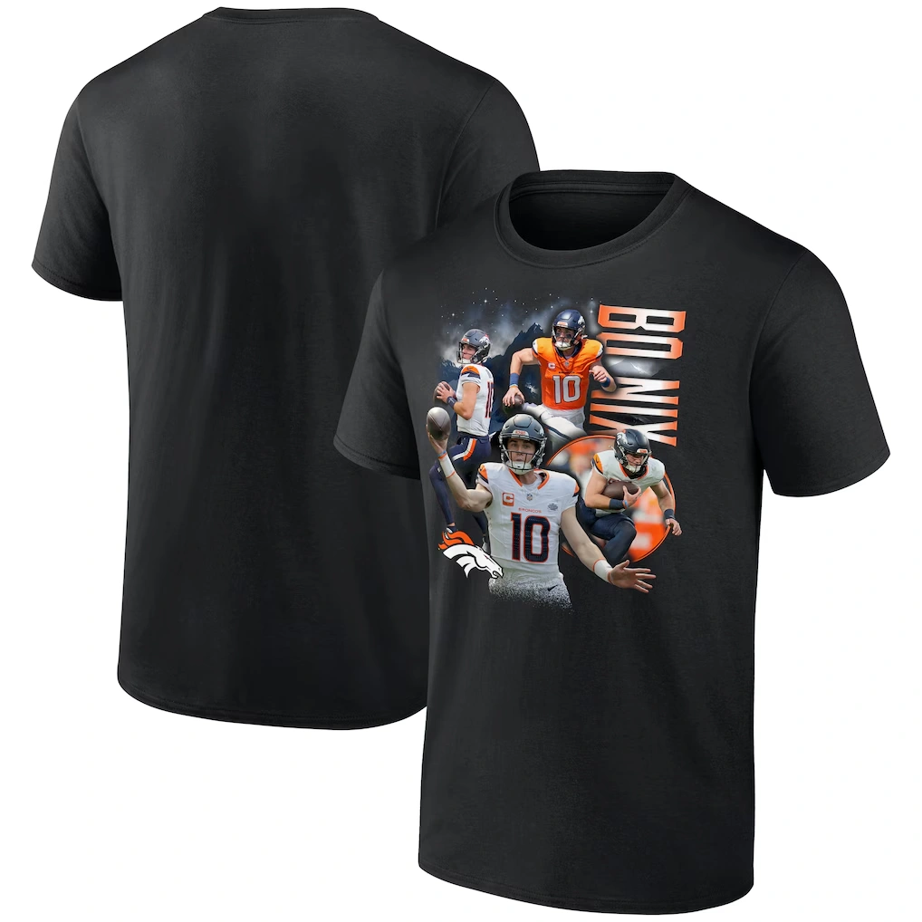 Men's Denver Broncos Bo Nix Black Notorious Graphic T-Shirt