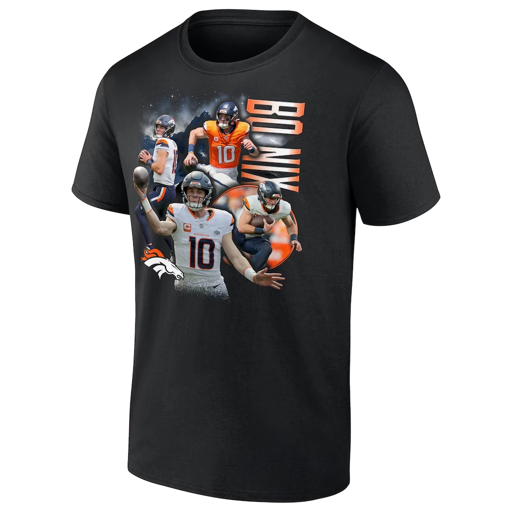 Men's Denver Broncos Bo Nix Black Notorious Graphic T-Shirt