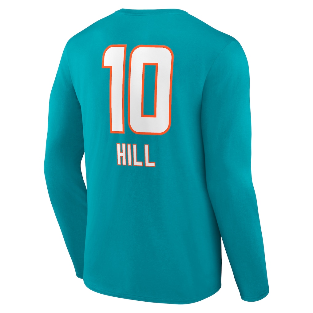 Men's Miami Dolphins Tyreek Hill Aqua Team Wordmark Player Name & Number Long Sleeve T-Shirt
