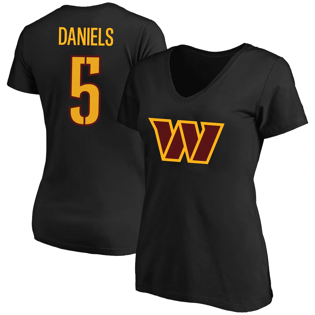 Women's Washington Commanders Jayden Daniels Black Plus Size Fair Catch Name & Number Scoop Neck T-Shirt