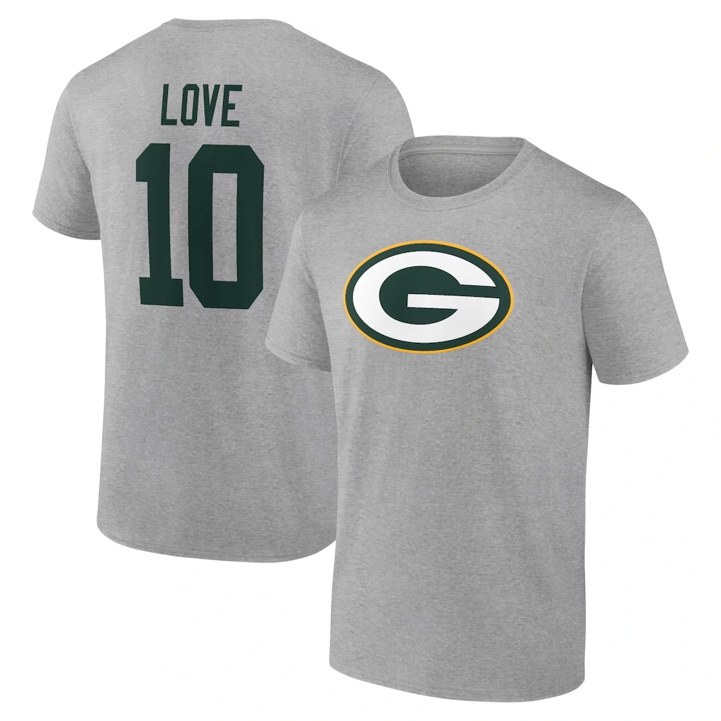 Men's Green Bay Packers Jordan Love Gray Icon Player Name & Number T-Shirt