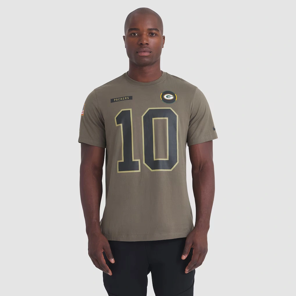 Men's Green Bay Packers Jordan Love Nike Olive 2025 Salute to Service Name & Number T-Shirt