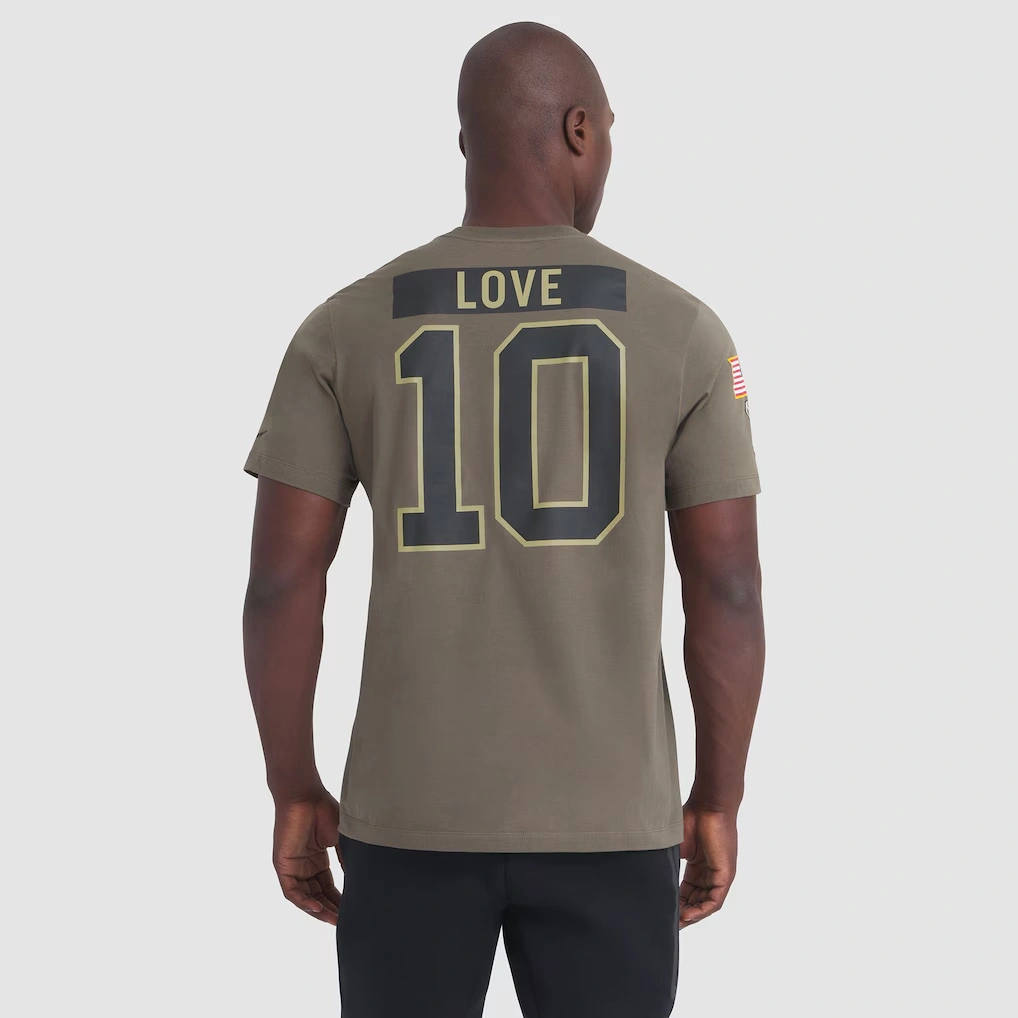 Men's Green Bay Packers Jordan Love Nike Olive 2025 Salute to Service Name & Number T-Shirt