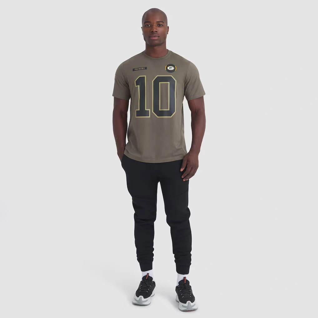 Men's Green Bay Packers Jordan Love Nike Olive 2025 Salute to Service Name & Number T-Shirt