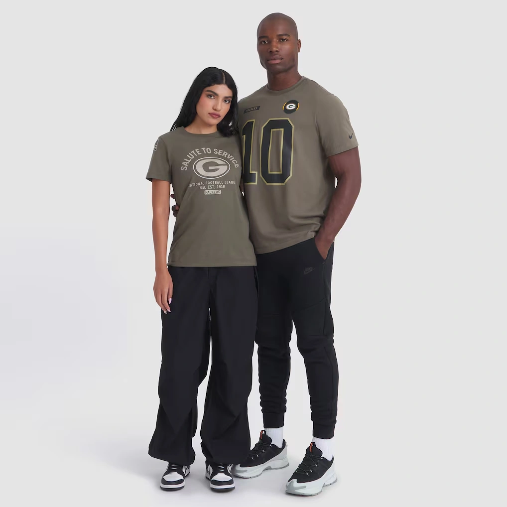 Men's Green Bay Packers Jordan Love Nike Olive 2025 Salute to Service Name & Number T-Shirt