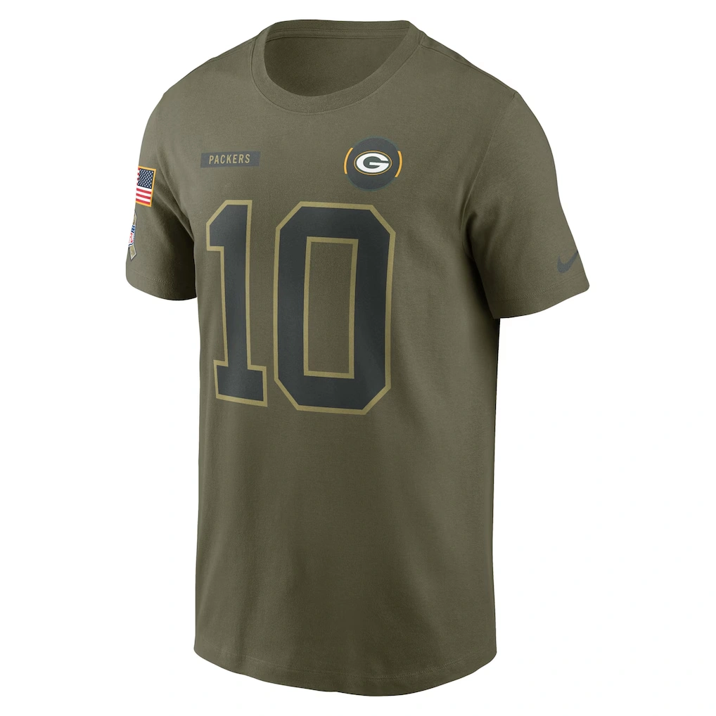 Men's Green Bay Packers Jordan Love Nike Olive 2025 Salute to Service Name & Number T-Shirt
