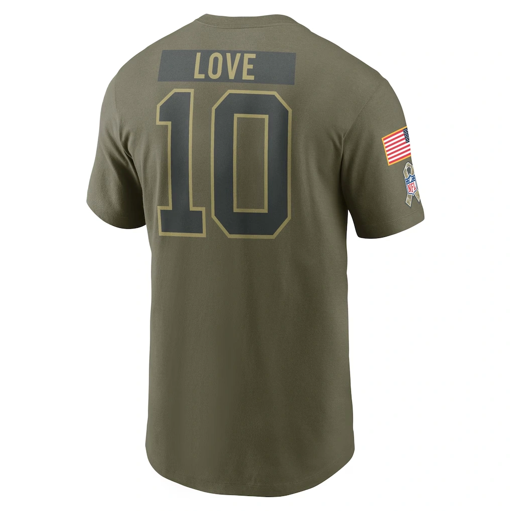Men's Green Bay Packers Jordan Love Nike Olive 2025 Salute to Service Name & Number T-Shirt