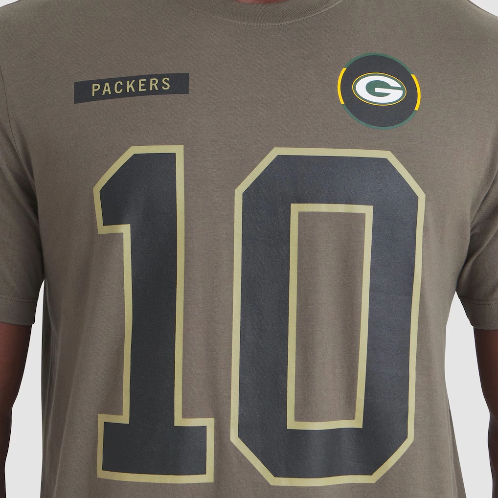 Men's Green Bay Packers Jordan Love Nike Olive 2025 Salute to Service Name & Number T-Shirt