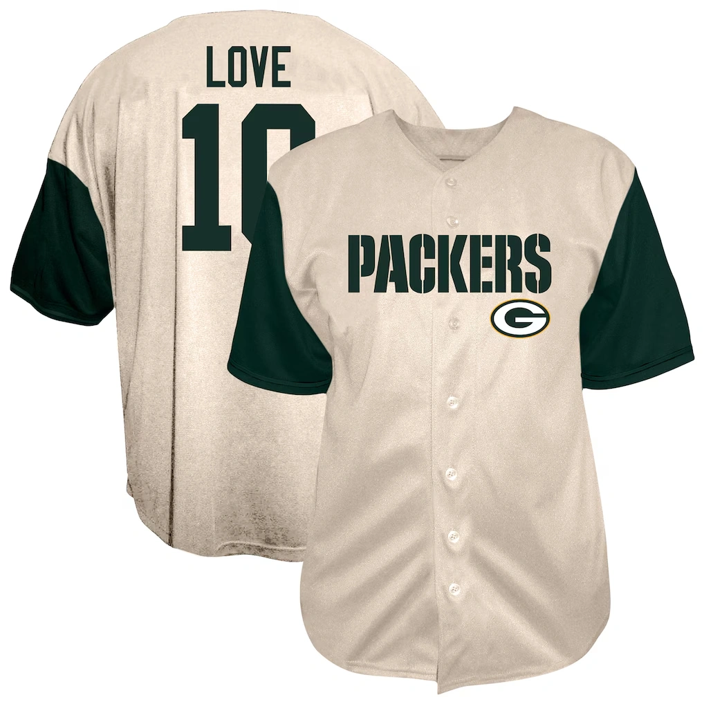 Men's Green Bay Packers Jordan Love Fanatics Cream Big & Tall Baseball Button-Up Shirt
