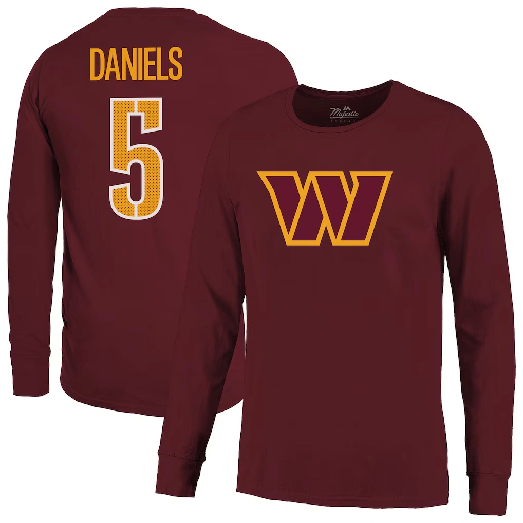 Men's Washington Commanders Jayden Daniels Majestic Threads Burgundy Name & Number Non-Distressed Long Sleeve T-Shirt