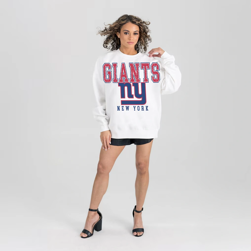 Women's New York Giants Gameday Couture White Sunday Drives Oversized Crewneck Pullover Sweatshirt