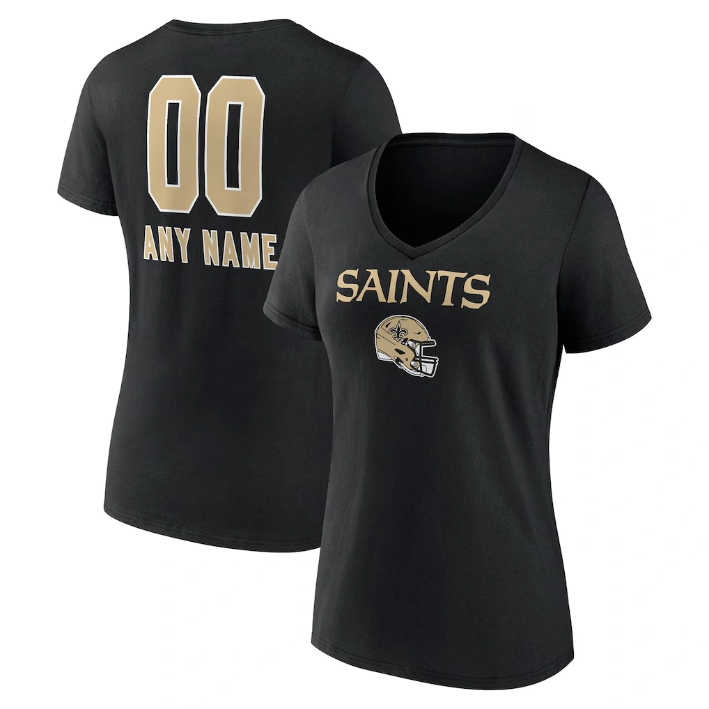 Women's New Orleans Saints Black Personalized Name & Number Team Wordmark V-Neck T-Shirt