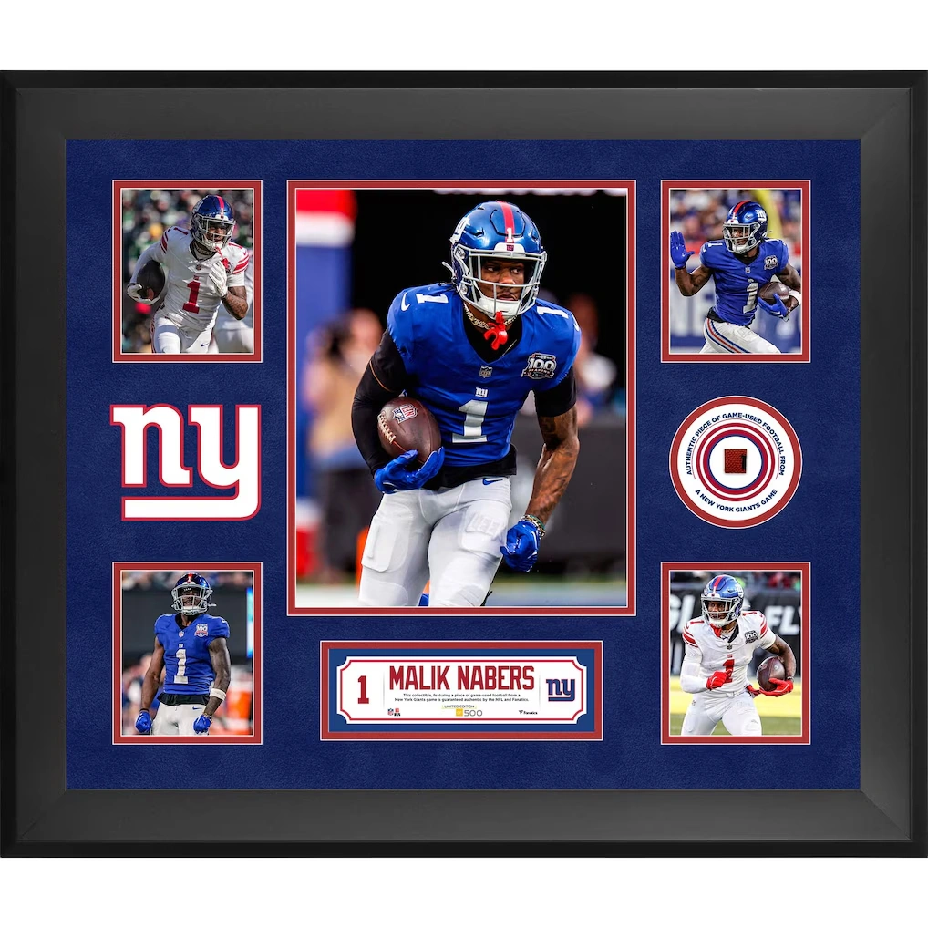 Malik Nabers New York Giants Fanatics Authentic Framed 20" x 24" 5-Photo Collage with a Piece of Game-Used Football - Limited Edition of 500