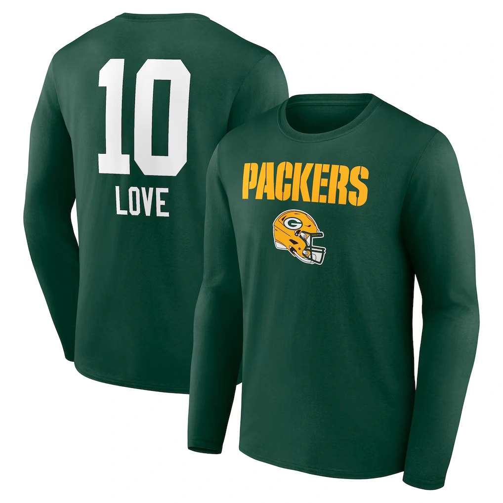 Men's Green Bay Packers Jordan Love Green Team Wordmark Name & Number Long Sleeve T-Shirt