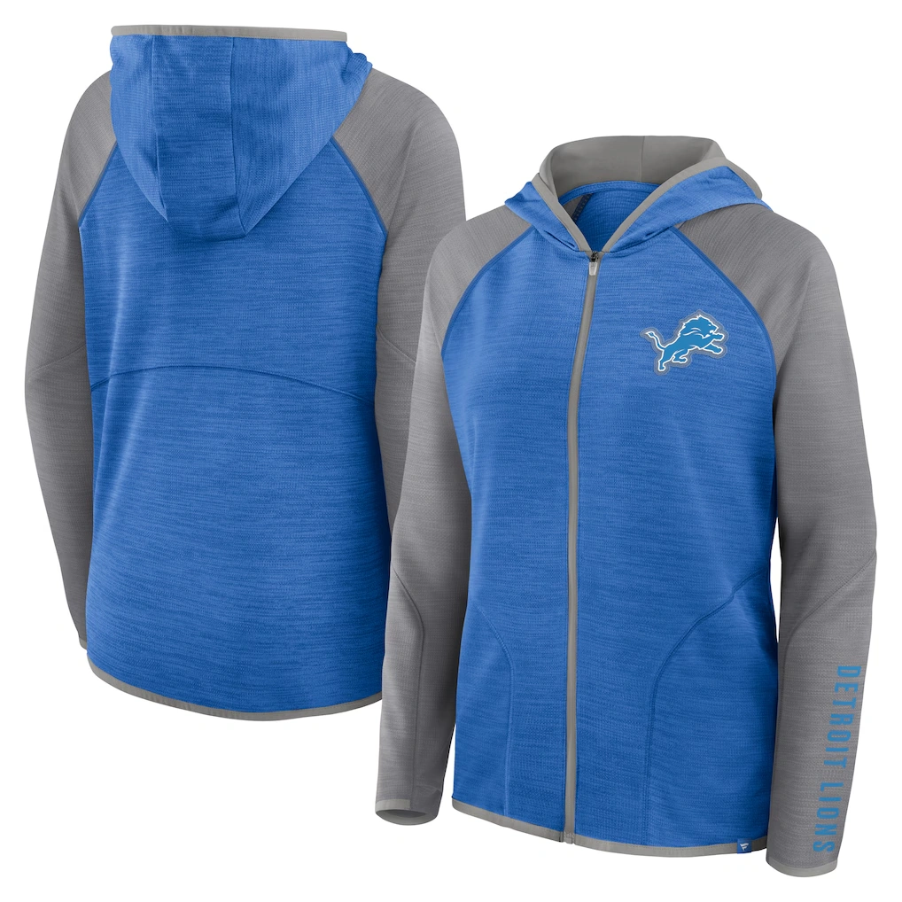 Women's Detroit Lions Fanatics Blue/Gray Redzone End Around Pass Raglan Full-Zip Hoodie