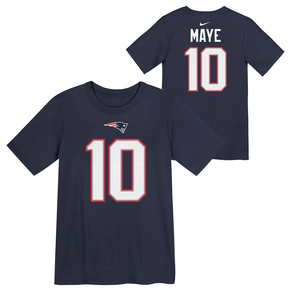Preschool New England Patriots Drake Maye Nike Navy Player Name & Number T-Shirt