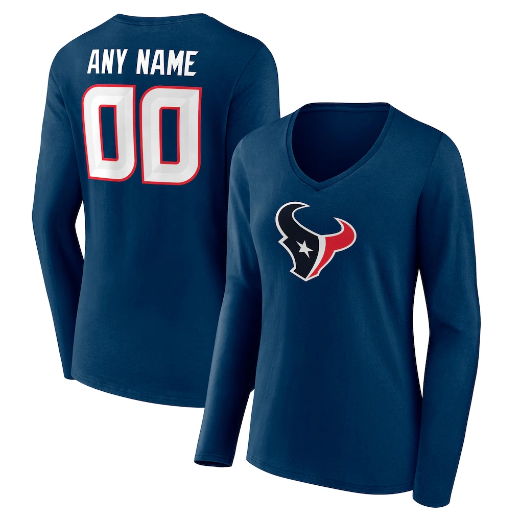 Women's Houston Texans Navy Team Authentic Custom V-Neck Long Sleeve T-Shirt