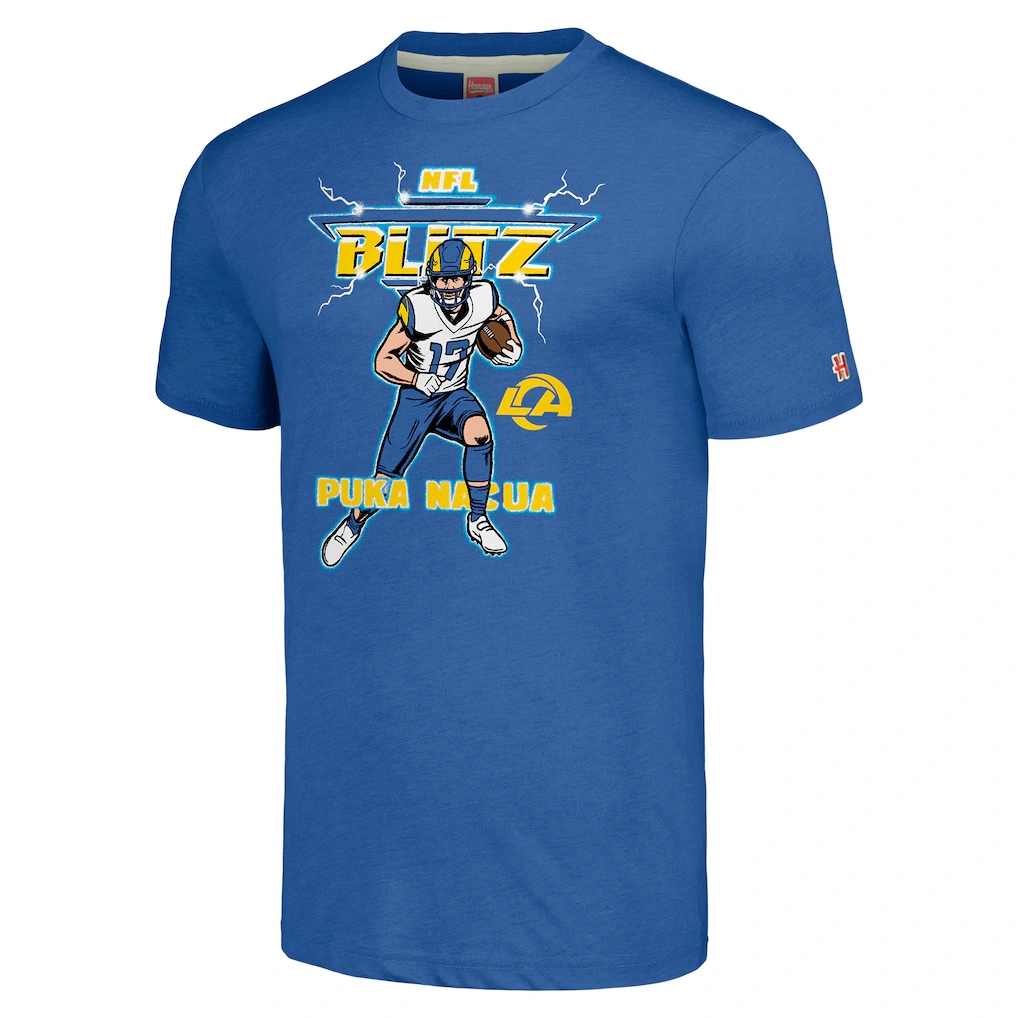 Unisex Los Angeles Rams Puka Nacua Homage Royal NFL Blitz Player Tri-Blend T-Shirt