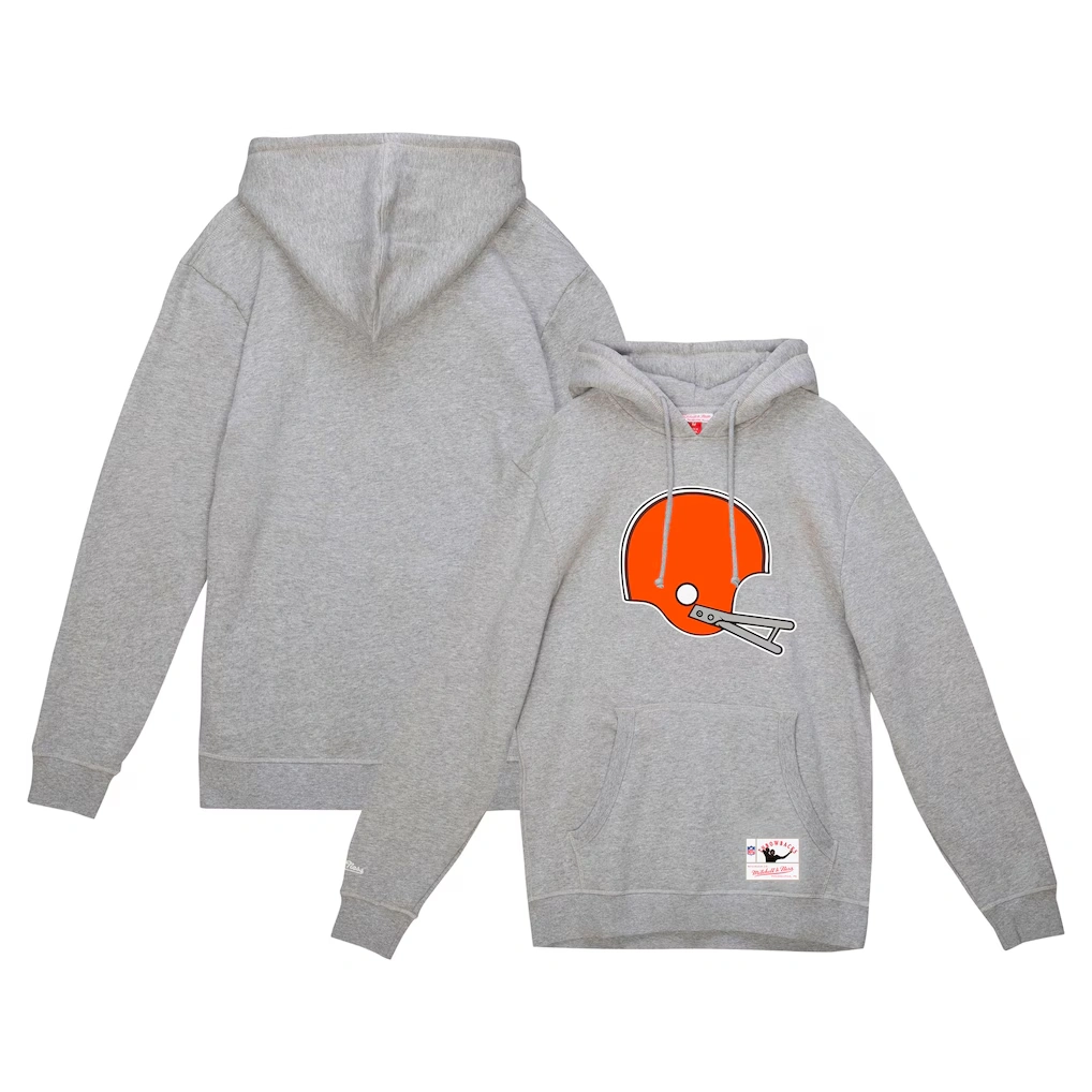 Men's Cleveland Browns Mitchell & Ness Heather Gray Helmet Logo Vintage Pullover Hoodie