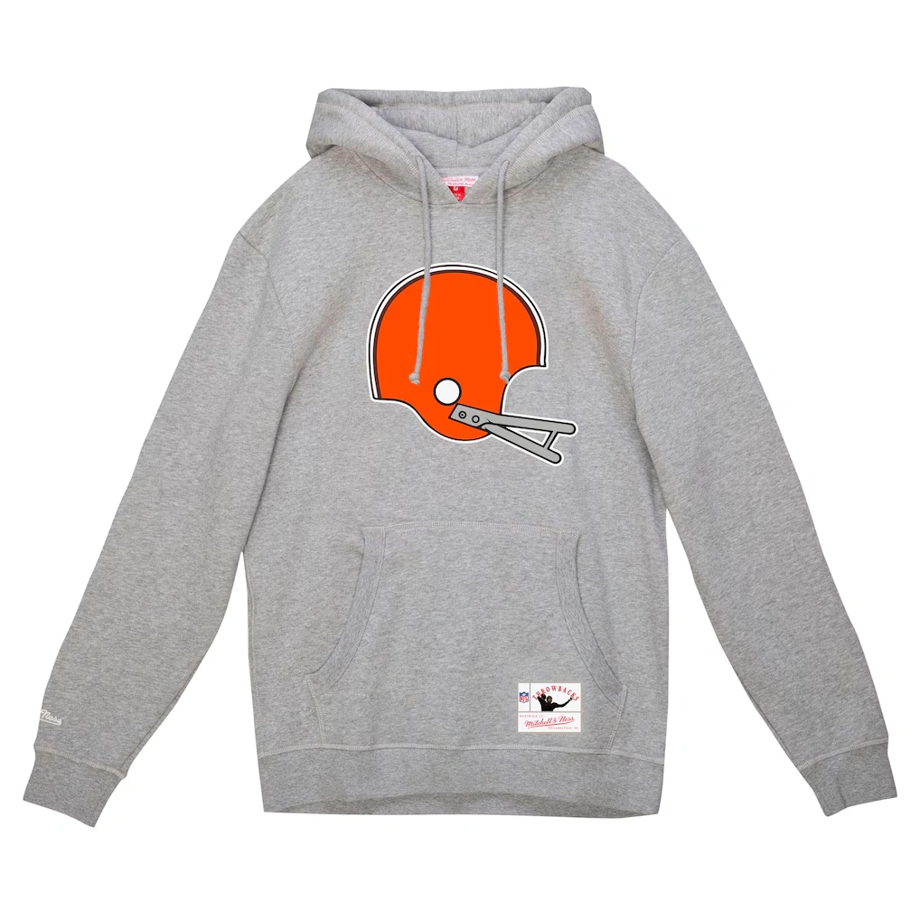 Men's Cleveland Browns Mitchell & Ness Heather Gray Helmet Logo Vintage Pullover Hoodie