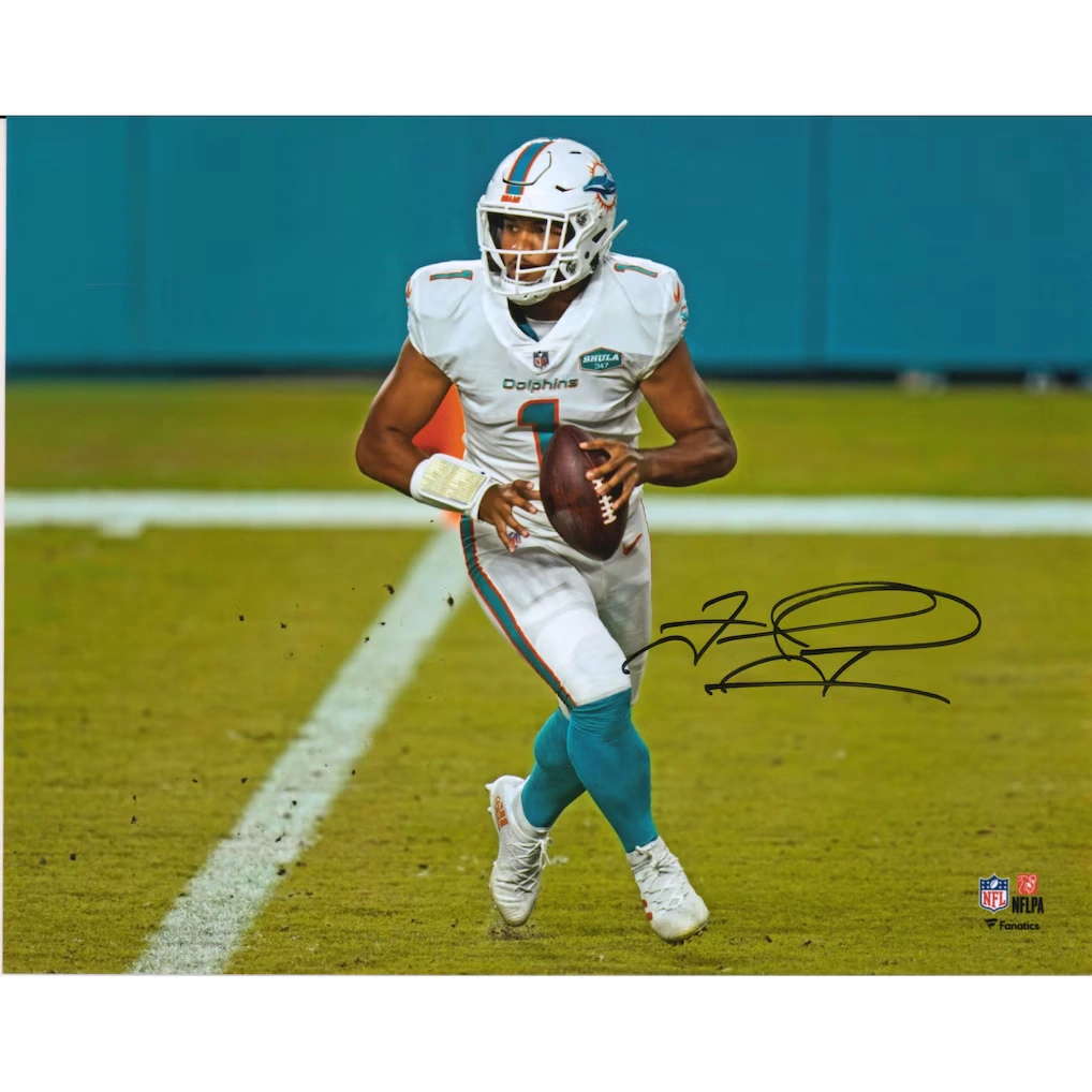 Autographed Miami Dolphins Tua Tagovailoa Fanatics Authentic 8" x 10" White Jersey Rolling Out Photograph