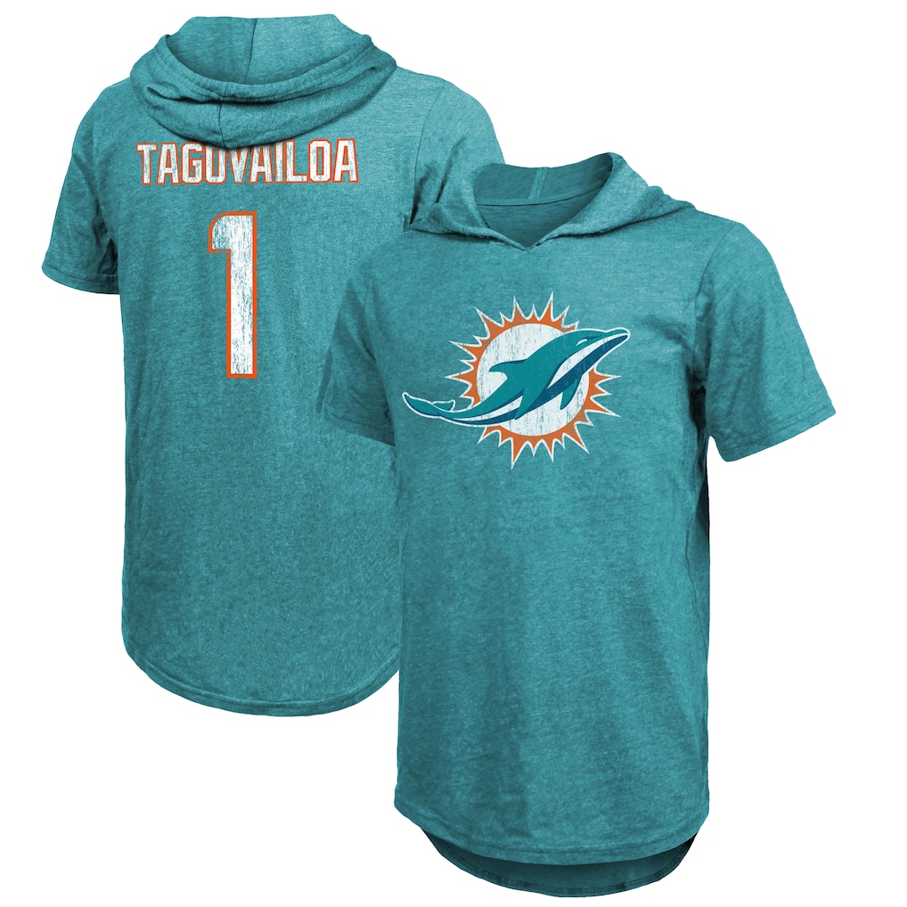 Men's Miami Dolphins Tua Tagovailoa Majestic Threads Aqua Player Name & Number Tri-Blend Slim Fit Hoodie T-Shirt