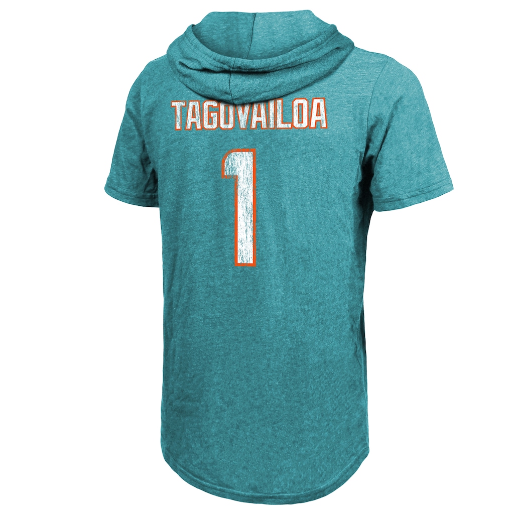 Men's Miami Dolphins Tua Tagovailoa Majestic Threads Aqua Player Name & Number Tri-Blend Slim Fit Hoodie T-Shirt