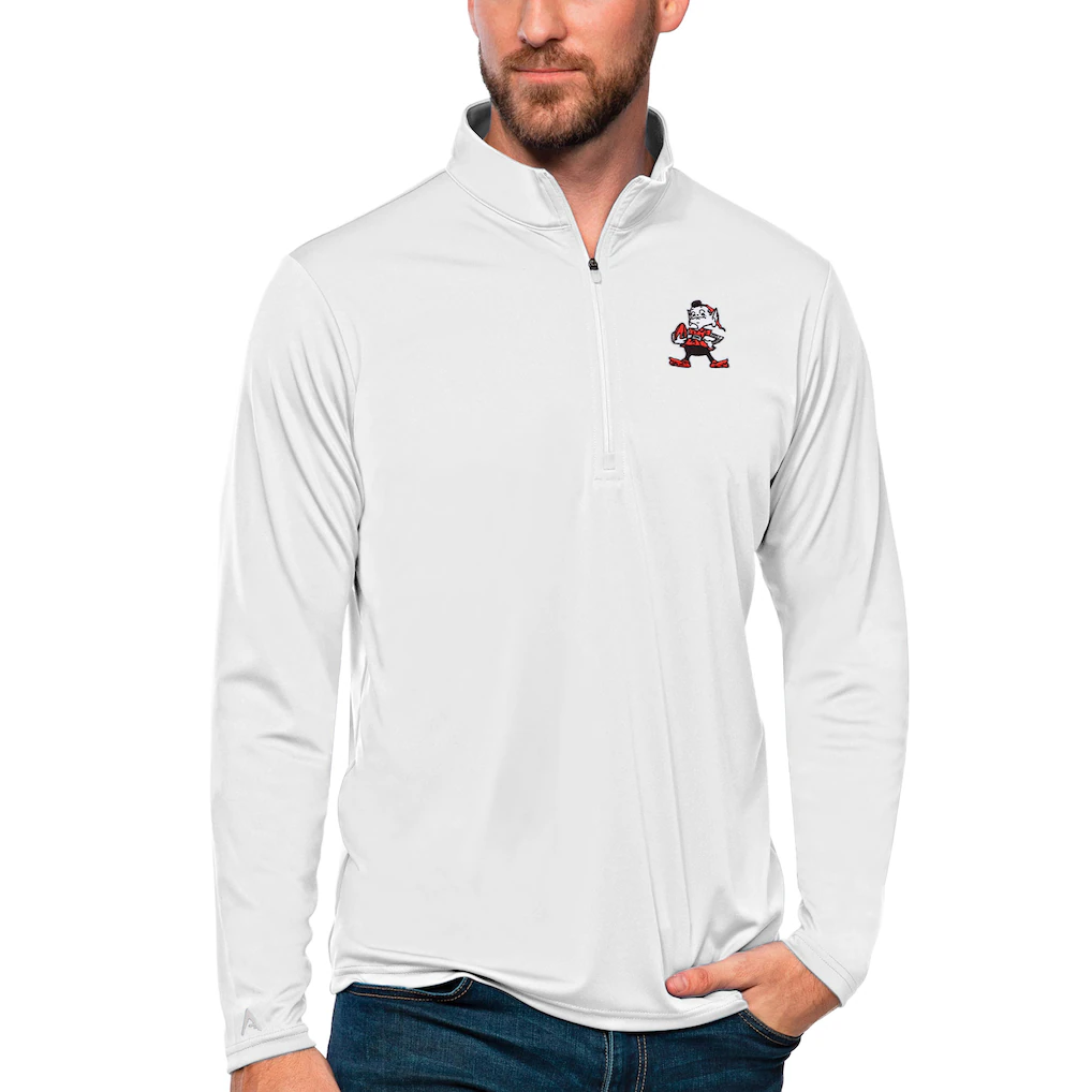 Men's Cleveland Browns Antigua White Tribute Quarter-Zip Lightweight Pullover Top