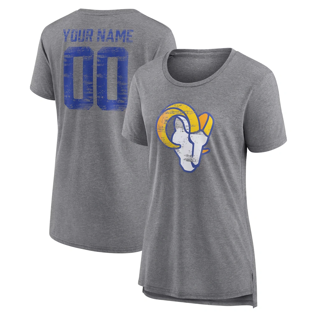 Women's Los Angeles Rams Gray Heritage Custom Name & Number Tri-Blend T-Shirt