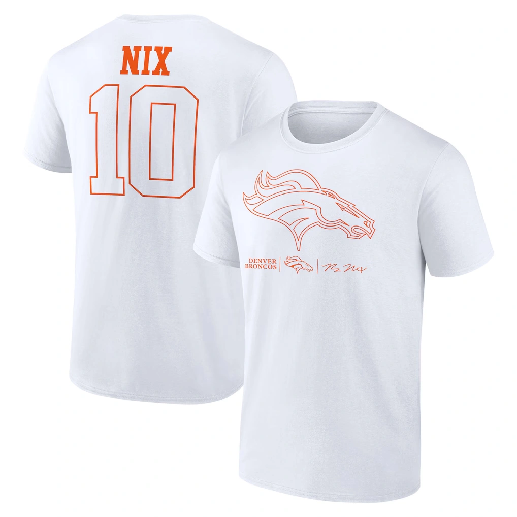 Men's Denver Broncos Bo Nix White Outline Player T-Shirt